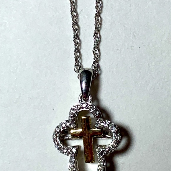 Sterling and Gold Diamond Cross Necklace - Picture 3 of 9